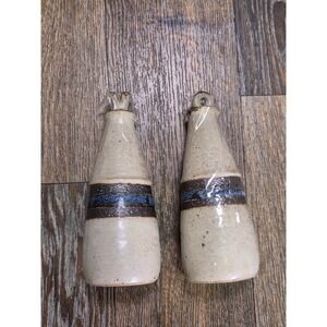 Vintage Otagiri Japan Stoneware Oil and Vinegar Cruet Set Blue Brown Striped